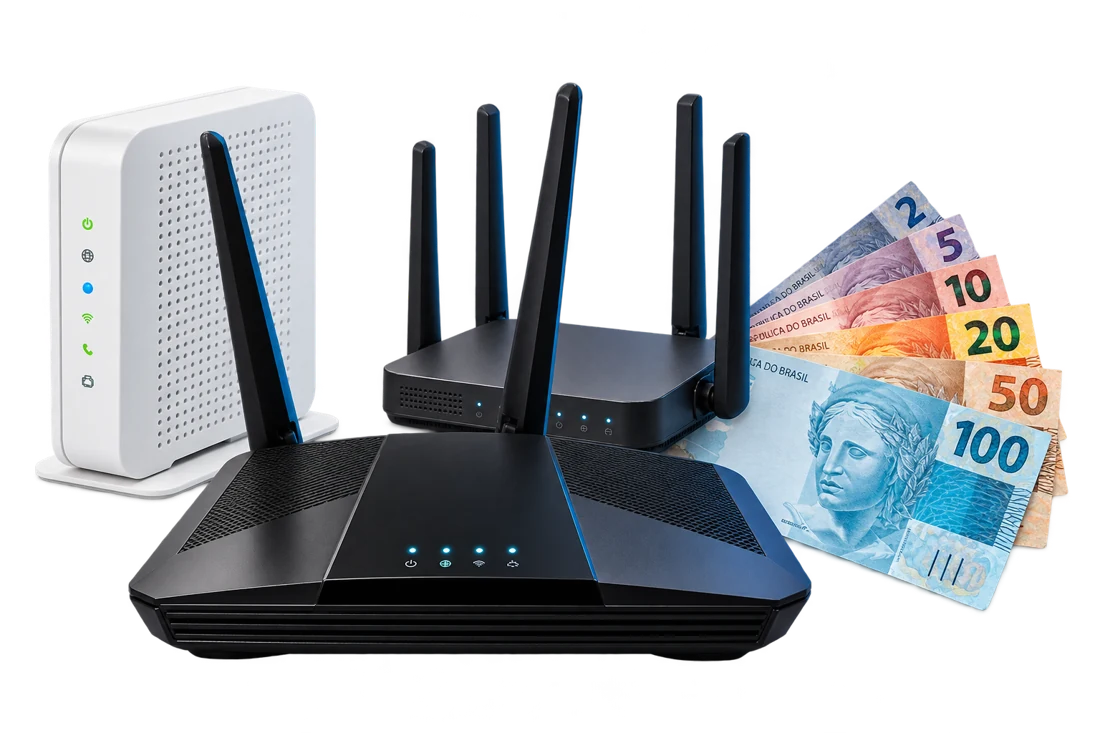 Três roteadores, um modem e notas de dinheiro brasileiro